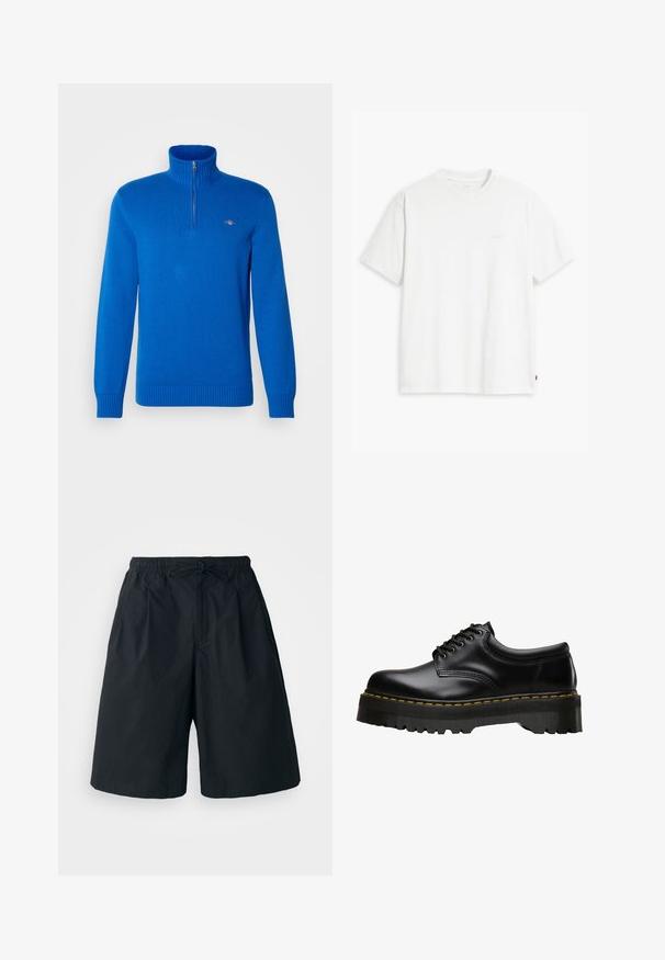 Blauer Zip-Kragen-Pullover mit gerippter Textur, gestricktem Stoff, langen Ärmeln und taillierter Säume. Verfügt über ein kleines Logo auf der Brust.; Weißes Baumwoll-T-Shirt mit kurzen Ärmeln, Rundhalsausschnitt und dezentem Levi's-Logo in der Mitte. Weicher Stoff und normale Passform.; Schwarze Shorts mit elastischem Bund und verstellbarem Kordelzug. Aus einem glatten Stoff gefertigt, mit lockerer Passform und ohne sichtbare Muster.; Schwarzer Leder-Schnürschuh mit einer dicken, gezahnten Gummisohle in Schwarz und gelben Nähten entlang der Kante, mit einer glatten Verarbeitung.