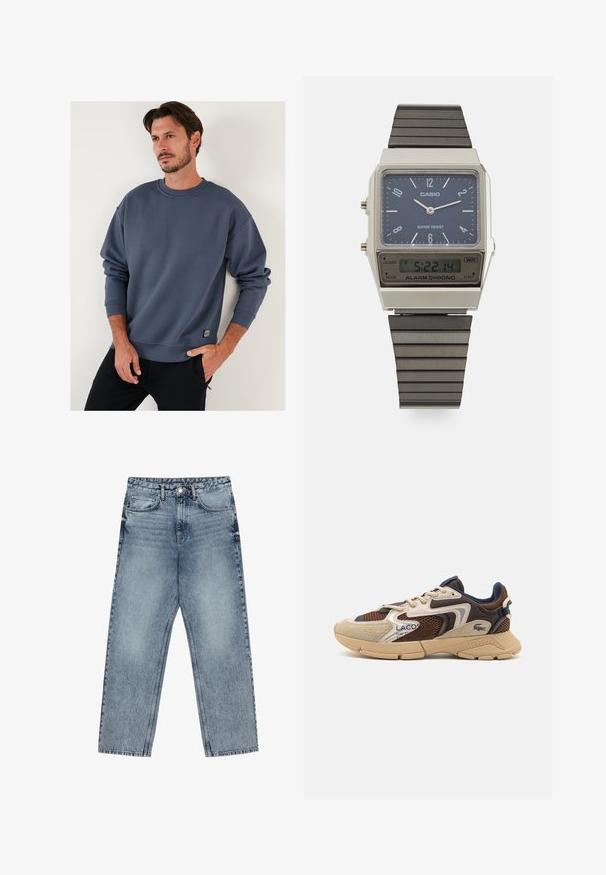 Kék pamut pulóver kerek nyakkal, leengedett vállakkal és bordázott ujjakon. Az alsó oldalon egy kis címke található. Puha tapintás.; Világoskék farmernadrág egyenes szárú szabással, látható varrással, öt zsebes kialakítással és gombos derékkal.; Beige és barna sportcipő, textúrált hálós panelek, velúr díszítések és gumitalp jellemzi. Fűzős dizájnnal és márkázott részletekkel rendelkezik.; Casio digitális óra kékkel díszített számlappal, ezüst tokban és rétegezett fekete gumiszíjjal. Idő- és riasztásbeállításokat mutat. Vízálló.
