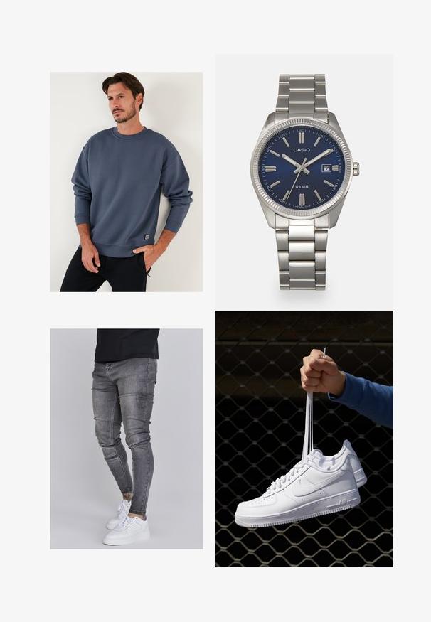 Niebieska bawełniana bluza z okrągłym dekoltem, opadającymi ramionami i ściągaczami na rękawach. Posiada małą metkę na dolnej części. Miękka w dotyku.; Wąskie dżinsy w wyblakłym szarym denimu, z przetarciami na kolanach, zestawione z białymi trampkami. Gładka faktura, fason dopasowany.; Białe skórzane sneakersy z perforacjami, okrągłym noskiem, płaską podeszwą i grubymi sznurówkami, z widocznym logo swoosh i napisem „AIR” na pięcie.; Srebrny zegarek na stalowej bransolecie z niebieską tarczą, metalowymi indeksami godzinowymi oraz okienkiem daty na godzinie 3. Wodoodporny do 50 metrów.