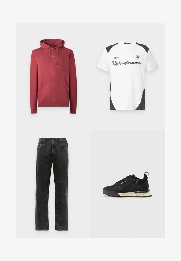 Piros pamut kapucnis pulóver elülső zsebbel, húzózsinóros kapucnival és kis logóval a mellkasán. Ribbed mandzsetták és hem jellemzi.; Fehér, rövid ujjú póló fekete részletekkel. Az "REPLAY FC" logó és a "Highpeformance" felirat sportos betűtípussal díszíti. Simogatós anyagból készült.; Fekete farmernadrág egyenes szárvágással, öt zsebbel, gombos záródással és enyhe elhalványulással az anyagon.; Replay FIELD MELT 25 - Sportcipő - black