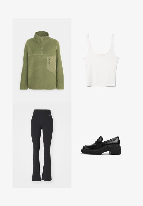 Olivově zelený fleecový pulovr s vysokým límcem, třemi knoflíky a zipovou náprsní kapsou. Měkká textura s kontrastními švy.; Bílý bavlněný top bez rukávů s kulatým výstřihem a přiléhavým střihem. Hladká textilie, jednoduchý design a minimální švy.; Černé legíny na jogu s vysokým pasem, vyrobené z elastické látky. Mají rozšířený design a malé logo Nike na pasu.; Černý kožený mokasín s robustním podpatkem a silnou podrážkou, s páskovým detailem přes horní část, zobrazený z boku na bílém pozadí.