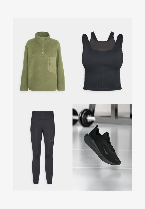 Zielono-oliwkowy polar z wysokim kołnierzem, trzema guzikami i kieszenią na zamek błyskawiczny na piersi. Miękka tekstura z kontrastującymi detalami w szyciu.; Czarny biustonosz sportowy o dopasowanym kroju, z szerokimi ramiączkami i siateczkowym wykończeniem z przodu. Gładka tekstura i minimalne szwy. Logo Nike na dolnym brzegu.; Czarne legginsy z elastycznego materiału, z wysokim pasem i białym logo Nike na lewym udzie. Gładka tekstura, dopasowany krój.; Czarny sportowy sneaker z logo Nike, pokazany w powietrzu na podłodze siłowni, z rozmytym regałem z hantlami w tle.