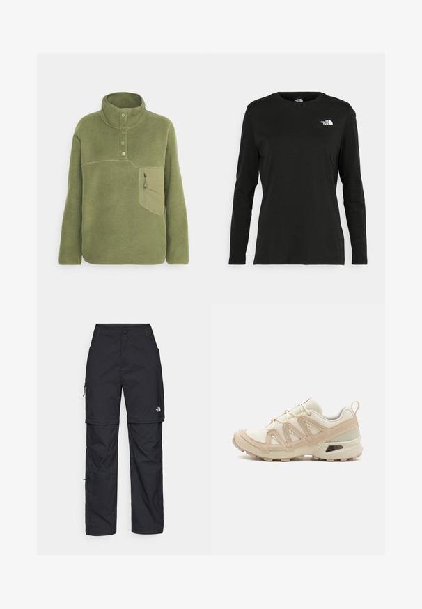 Olivnozeleni flis pulover z visokim ovratnikom, tremi gumbi in zadrgo na prsih. Mehak material s kontrastnimi šivi.; Črna majica z dolgimi rokavi iz bombaža z okroglo izrezom. Ima majhen bel logotip na levem prsnem delu. Enostaven dizajn in prileganje.; Črne najlon hlače z zipom, ki se lahko odstranijo, s prilagodljivimi manšetami, več žepi in logotipom na desni nogi. Gladka, lahka tekstura.; Bež in krem športni čevlji z teksturiranim mrežastim zgornjim delom, podpornimi prekrivali in gumijastim podplatom z vzorcem za oprijem.