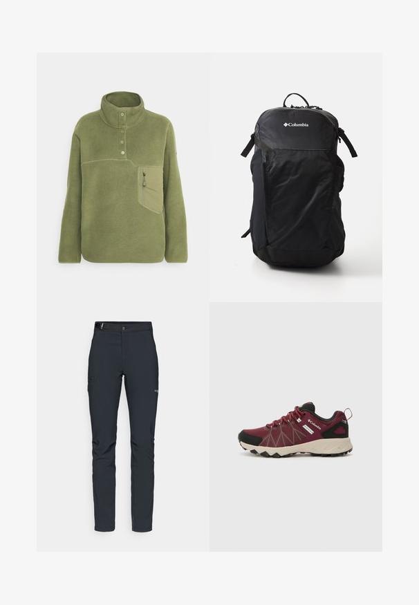 Olive green fleece pullover with a high collar, three buttons, and a zippered chest pocket. Soft texture with contrasting stitching details.; Men's outdoor pants, dark gray, made from flexible material, featuring a belt, zippered pockets, and reinforced stitching.; Columbia PEAKFREAK™ II OUTDRY™ - Hiking shoes - deep madeira/white peach; Black backpack featuring a smooth nylon material, a logo on the front, adjustable straps, and mesh side pockets for additional storage.