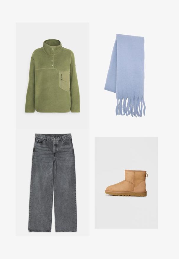 Zielono-oliwkowy polar z wysokim kołnierzem, trzema guzikami i kieszenią na zamek błyskawiczny na piersi. Miękka tekstura z kontrastującymi detalami w szyciu.; Jeans typu wide-leg w ciemnoszarej dżinsowej tkaninie. Posiadają wysoki stan, pięć kieszeni oraz zapięcie na guzik z przodu. Gładka faktura z delikatnym przetarciem.; Beżowe zamszowe botki za kostkę z okrągłym noskiem, przeszyciami, z pętelką z tyłu i teksturowaną gumową podeszwą. Zaprojektowane z myślą o komforcie i ciepłocie.; Jasnoniebieski wełniany szalik o miękkiej fakturze, wydłużonym kształcie i frędzlach dodających szczegółu. Idealny do zapewnienia ciepła i komfortu.
