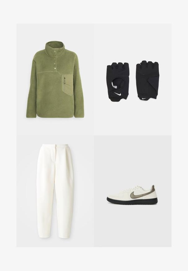 Olijfgroene fleece trui met een hoge kraag, drie knopen en een ritszak op de borst. Zachte textuur met contrasterende stikdetails.; Hoog-waisted witte tapered broek met een verborgen sluiting aan de voorkant en zijzakken, weergegeven tegen een effen witte achtergrond.; Nike Sportswear FIELD GENERAL - Sneakers laag - off-white/black; Zwarte vingerloze handschoenen van rekbaar materiaal, met een open palmontwerp, gripaccenten en het Nike-logo in het wit.