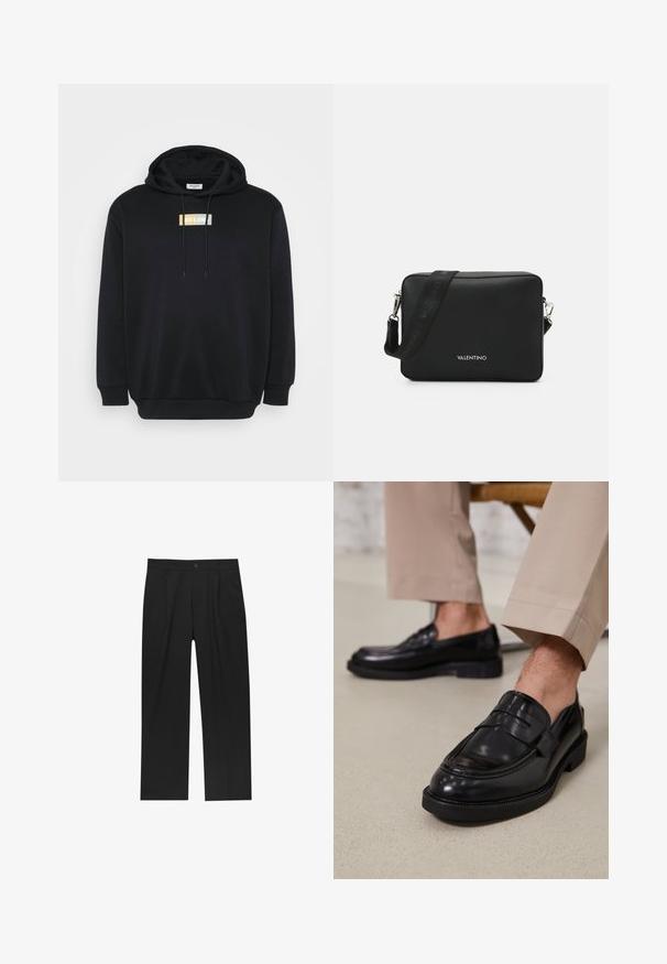 Fekete kapucnis pulcsi puha anyagból, fehér, sárga és világoskék elöl elhelyezett logósapkával. Kangúrzseb és állítható kapucni tartozik hozzá.; Fekete nadrág egyenes szárú kialakítással, sima anyagból készült. Elöl redők és egy gombos záródás található a derékon.; Fekete bőr loaferek sima felülettel, díszítő pánttal és kontrasztos varrással, bézs nadrággal párosítva.; Fekete téglalap alakú keresztpántos táska strukturált anyagból, ezüst színű fém csattal és márkázott állítható pánttal.