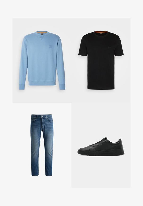 Svetlomodrý sveter s okrúhlym výstrihom, rebrovanými manžetami a lemom, ktorý má na ľavej hrudi malú, embosovanú nášivku loga. Mäkká textúra.; Čierne tričko s krátkym rukávom vyrobené z mäkkého materiálu, s okrúhlym výstrihom a jemným logom na prednej strane. Vnútorný golier má oranžový akcent.; Tmavomodré džínsy s rovnými nohavicami, dizajnom na päť vreciek, svetlým vyblednutím na stehnách a jedným gombíkom na uzatvorenie v páse.; Čierne tenisky s hladkým koženým zvrškom, okrúlym špičkou, plochými šnúrkami, polstrovaným golierom a minimalistickým dizajnom. Gumená podrážka s jemným vzorom behúňa.