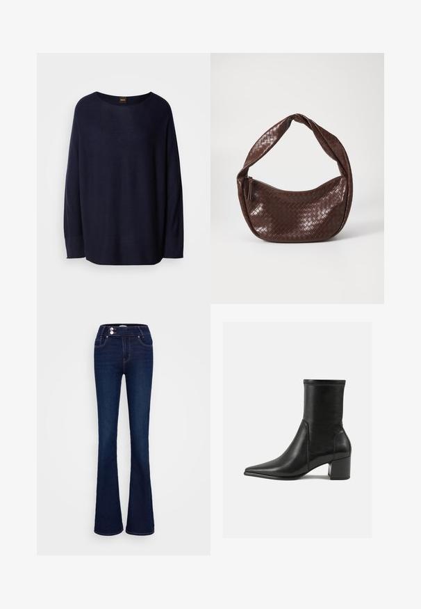 Mornarsko modri pulover iz mehkega materiala, z okroglim izrezom, dolgimi rokavi in udobnim krojem. Brez vzorcev ali vidnih kovinskih detajlov.; Temno modri široki kavbojke z visokim pasom, dvema sprednjima žepoma in dvema gumboma za zapiranje. Narejene iz denima z gladko teksturo.; Črne gležnjarje iz gladkega usnja, z izostrenim nosom, blokastim peto in izrazitim povišanim šivom na zgornjem robu.; Rjava prepletena usnjena torbica s ukrivljenim, vozlano ročajem in zadrgo. Gladka tekstura in okrogla oblika.