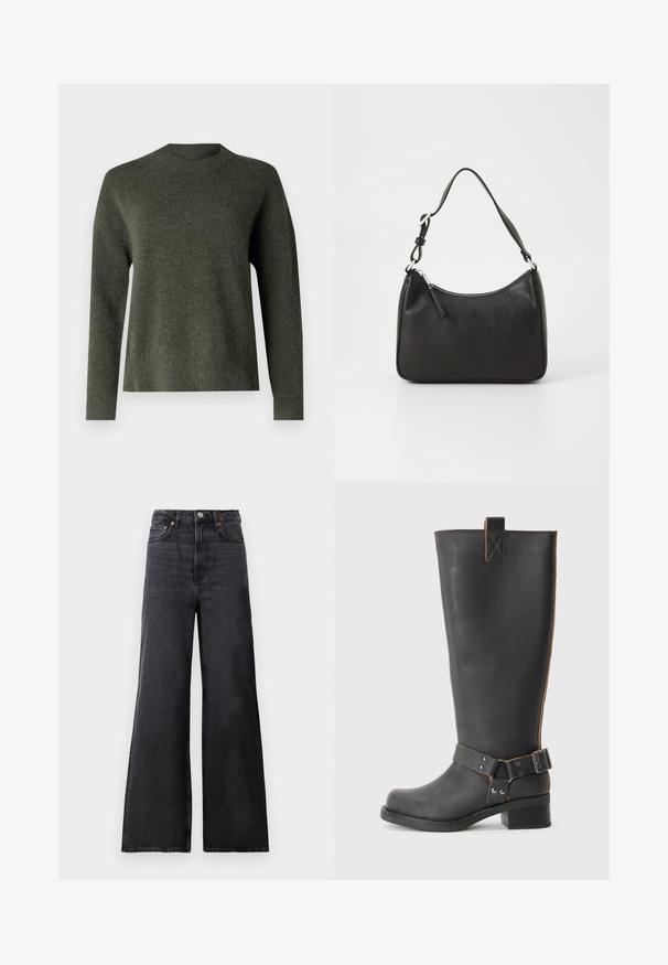 Samsøe Samsøe ANOUR - Pulover - forest night; Črne flare kavbojke z visokim pasom, ki vključujejo kovinsko zaponko, sprednje žepi in subtilno zbledelost na tkanini.; Črne usnjene škornje do kolen z teksturirano obdelavo, ki imajo stranski sponko in nizko peto. Podrobno šivanje po šivih.; Črna usnjena torba za roke s ukrivljenim oblikom, enim trakom, zadrgo in diskretnim blagovnim znamkom na sprednjem delu. Gladka tekstura, minimalističen dizajn.