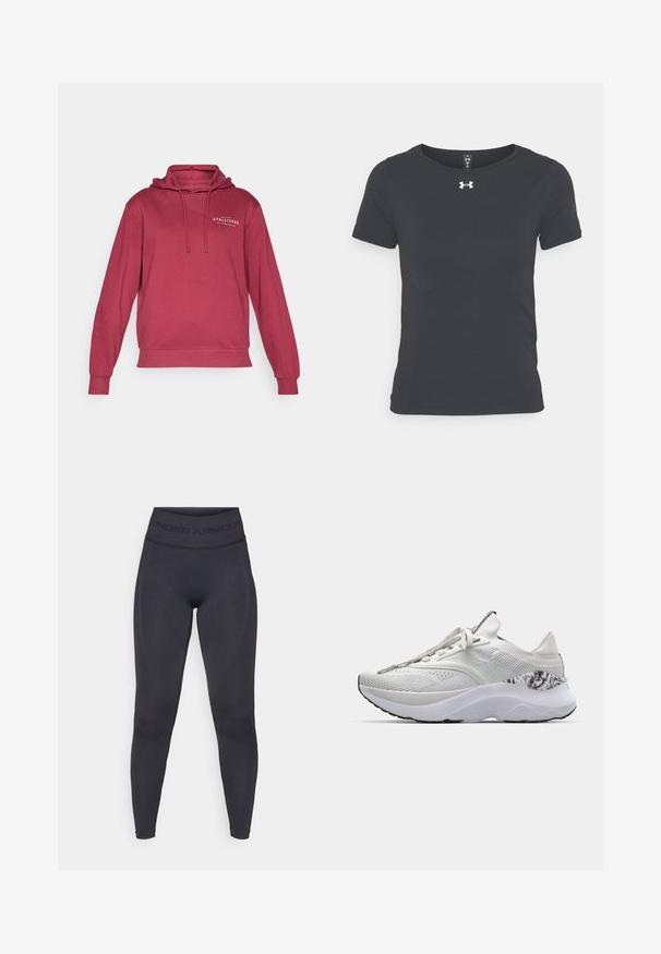 Bordeaux hettegenser med snorer og en frontlomme. Har en liten hvit grafisk tekst "ATHLEISURE" på brystområdet. Mykt stoff.; Svart kortermet treningstrøye laget av lett materiale med rund hals og Under Armour-logo på brystet.; Sorte tights med høy elastisk liv med teksten "UNDER ARMOUR". Glatt tekstur med subtile mønsteraccents langs beina.; Hvit treningssko med en teksturert overdel, rund tå og en dempet såle. Har et mønstrete aksent nær hælen og flate lisser.
