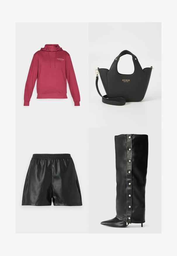 Maroon hoodie with drawstrings and a front kangaroo pocket. Features a small white graphic text "ATHLEISURE" on the chest area. Soft fabric.; Black faux leather shorts with an elastic waistband, featuring a smooth texture and loose-fitting design. No visible patterns or accents.; Black leather high-heeled boots featuring a fitted design, pointed toe, and silver snap button accents along the side.; Black textured handbag with short handles and a removable shoulder strap. Features a gold logo accent. Compact, structured shape.