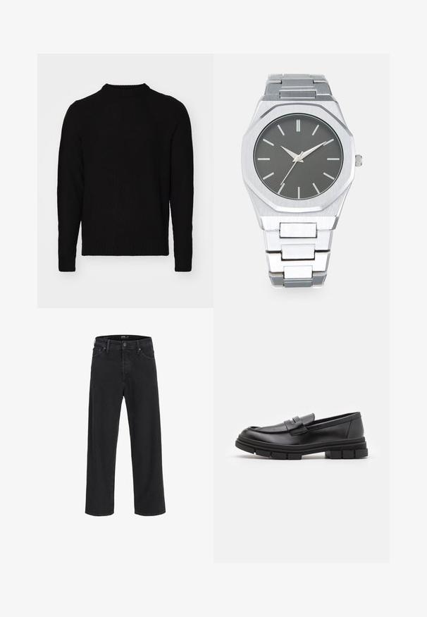 Melnā adītā džemperī ar ribotu tekstūru, kas piedāvā apaļu kakla izgriezuma un garām piedurknēm. Dizains ir vienkāršs un klasiskas formas.; Melna klasisko taisno kāju džinsu bikses ar pogu un rāvējslēdzēju, jostas cilpas, kā arī priekšējām un aizmugurējām kabatām.; Melni ādas loafers ar gludu apdari, ar priekšējo siksniņu un masīvu gumijas zoli ar izgriezumiem.; Sudraba analogais pulkstenis ar astoņstūru korpusu, pelēku ciparnīcu, sudraba stundu atzīmēm un nerūsējošā tērauda saiti. Minimālisma dizains ar gludu tekstūru.