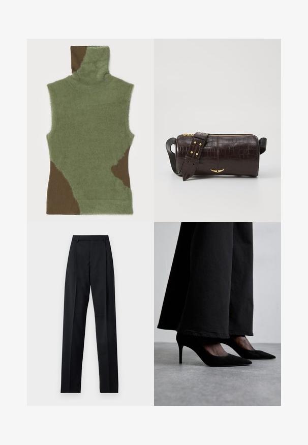 MM6 Maison Margiela TOP - Neule - sage; Musta housut, jotka on valmistettu sileästä kankaasta ja joissa on korkea vyötärö, leveät lahkeet, etukaarteet ja klassiset vyölenkit. Ei näkyviä sivutaskuja.; Mustat mokkanahka korkokengät, joissa on terävä kärki, yhdistettynä mustiin leveälahkeisiin housuihin, esittelevät tyylikästä muotoilua ja hienovaraista kiiltoa.; Ruskea krokotiilinkuosilla varustettu nahkalaukku, jossa on sylinterimäinen muoto, kultasävyiset yksityiskohdat ja irrotettava hihna, jossa on niittejä.