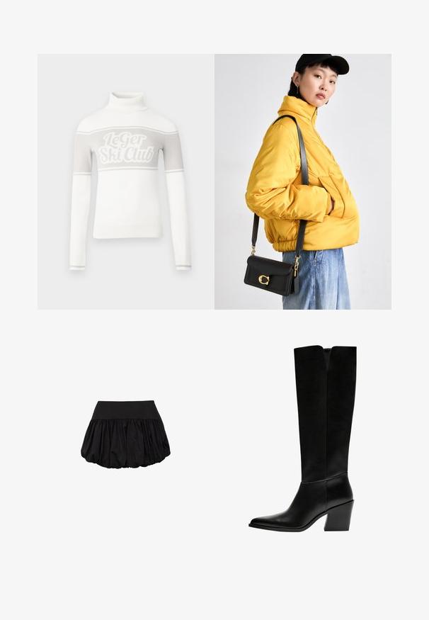 Witte coltrui met een lichtgrijze afbeelding van "Le Ger Ski Club" en grijze strepen over de borst. Geribbelde manchetten en zoom.; Zwarte minirok met een gestructureerde tailleband en een volumineus, geplooid ontwerp. Gemaakt van lichtgewicht stof, met een gladde textuur.; Zwarte laarzen tot de knie van soepel leer, met een puntige neus, een blokhak en een V-vormige uitsparing aan de bovenkant.; Geel gewatteerde jas met hoge kraag en voorzak, gecombineerd met een zwarte schoudertas met gouden hardware. Casual denim broek.