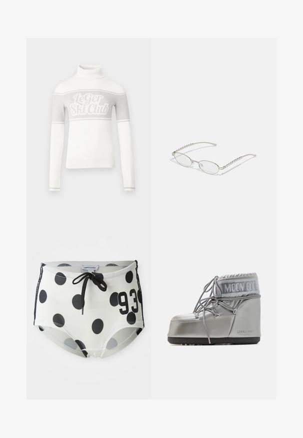 Witte coltrui met een lichtgrijze afbeelding van "Le Ger Ski Club" en grijze strepen over de borst. Geribbelde manchetten en zoom.; Zwart-witte zwembroek met stippen, voorzien van een trekkoord in de taille, met het nummer "93" op de voorkant en een gladde, elastische stof.; Zilveren waterdichte boot met een afgeronde vorm, een gestructureerde afwerking en grijze veters. Kenmerkt zich door een opvallend "MOON BOOT" logo op het bovenste deel.; Ovale brillen met een metallic zilveren montuur, heldere glazen en getextureerde kraalaccenten op de tempels. Lichtgewicht ontwerp met gebogen armen.