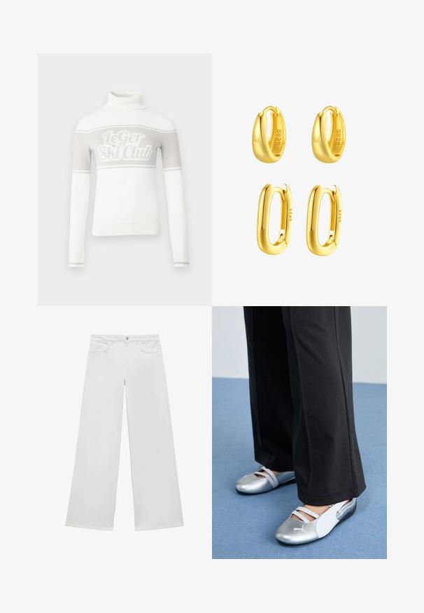 Weißer Rollkragenpullover mit einer hellgrauen "Le Ger Ski Club"-Grafik und grauen Streifen quer über der Brust. Gerippte Bündchen und Saum.; Weiße weite Jeans aus Denim mit flachem Bund, zwei Vordertaschen und Knopfverschluss, mit geradem Bein und ohne sichtbare Muster.; Silberne und weiße flache Schuhe mit überkreuzten Riemen und strukturierten Details, ergänzt durch lockere schwarze Hosen. Vor einem blauen Boden.; Vergoldete Creolenohrringe mit einem glatten, abgerundeten Design und einem S925-Zeichen im Inneren. Enthält zwei unterschiedliche Formen: rund und oval.