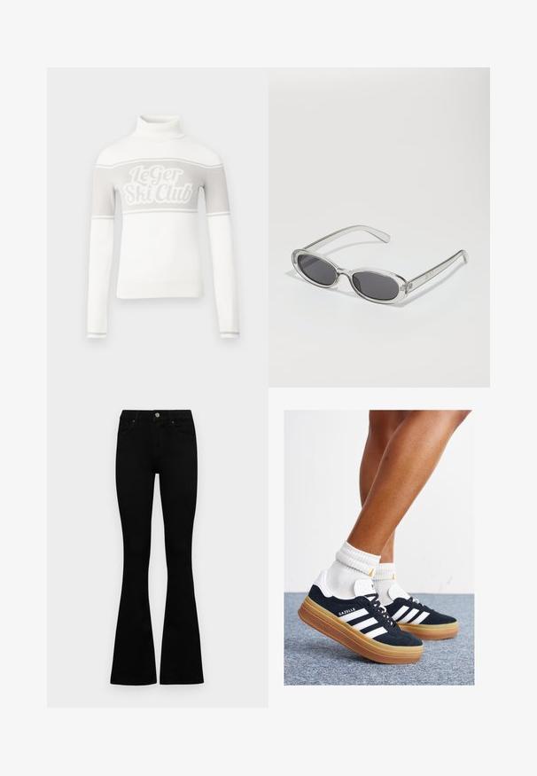 Balta golfo megzta suknelė su šviesiai pilka „Le Ger Ski Club“ grafika ir pilkomis juostomis per krūtinę. Apykaklės ir apačios dalys su ribbingu.; Juodos aukšto liemens džinsai su mygtuku ir užtrauktuku, priekinėmis kišenėmis ir platėjančiomis kojomis, išdėstyti ant baltos fono.; Juodi zomšiniai sportbačiai su baltais dryžiais ir akcentais, apvalios nosies, guminio, gumos pado, derinami su baltais raitytais vidutinio ilgio kojinaitėmis.; Akiniai nuo saulės ovalo formos, su skaidriu plastiko rėmu, tamsiai pilkais objektyvais ir plonomis skaidriomis šakėmis, dekoruotais logotipų akcentais ir minimaliais detalėmis.; Juodas odinis peties krepšys su laisvu siluetu ir siūlų detalėmis. Modelis vilki rožinės ir baltos spalvos dryžuotą marškinėlį bei plačius mėlynus džinsus.