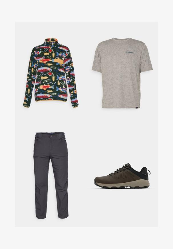 Long-sleeve fleece pullover with colorful fish and seaweed pattern, snap button collar, and tan chest pocket flap.; Gray short-sleeve t-shirt made of soft, textured fabric featuring a small blue Patagonia logo on the left chest. No additional patterns.; Dark gray trousers made of durable fabric, featuring a zippered pocket, straight cut, and belt loops for adjustable fit.; Brown waterproof sneakers with a textured upper, perforated accents, black heel support, and a grey rubber sole. Laces are styled with metallic ends.