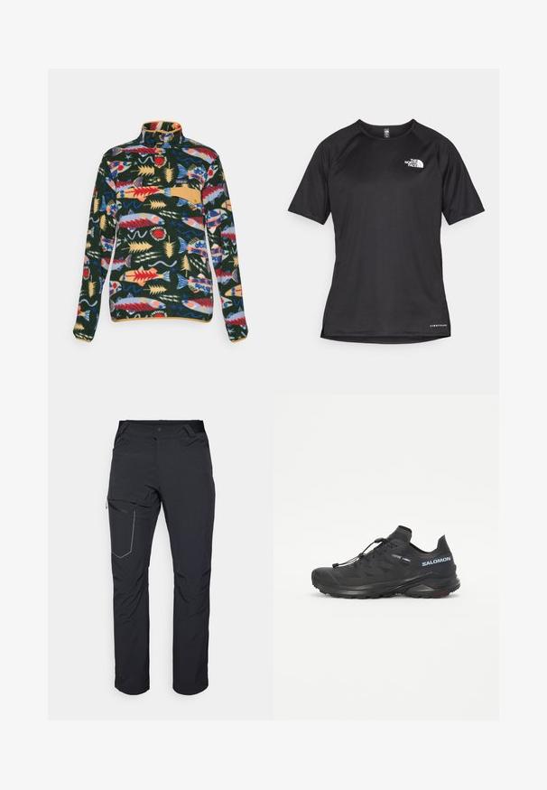 Langärmliger Fleece-Pullover mit farbenfrohem Fisch- und Seegras-Muster, Kragen mit Druckknöpfen und beige Brusttaschenklappe.; Schwarzes kurzärmliges Sportshirt aus strukturiertem Stoff, mit einem weißen Logo auf der linken Brust und einem geraden Saum.; Schwarze Outdoor-Hosen mit einem Reißverschlusstaschen an den Oberschenkeln, elastischem Bund und glattem, wasserabweisendem Stoff. Sauberes Design ohne sichtbare Logos.; Schwarzer Trailschuh zum Laufen mit einer strukturierten Oberseite, elastischen Schnürsenkeln und Contagrip-Außensohle. Bietet eine eng anliegende Passform und eine schützende Zehenkappe.