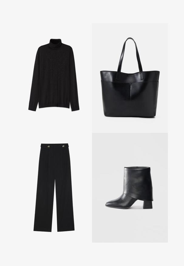 Svart polotröja i lättstickad kvalitet. Har lång ärm, hög krage och en avslappnad passform med ribbad kant.; Svarta vida byxor med hög midja, knäppdetaljer i midjan och framfickor.; Svart läder ankelboot med spetsig tå, slät textur och en strukturerad blockklack. Har en hög, vikbar krage.; Svart läder tote-väska med två långa handtag, en slät yta och en strukturerad form. Har en framficka för extra förvaring.