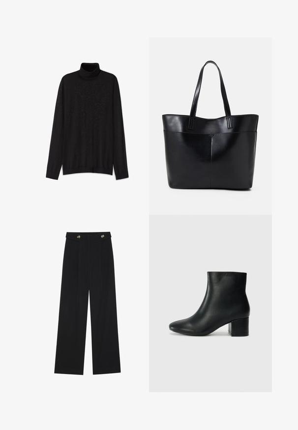 Schwarzer Rollkragenpullover aus leichtem Strickstoff. Verfügt über lange Ärmel, einen hohen Kragen und eine lockere Passform mit gerippten Abschlüssen.; Schwarze weite Hosen mit hoher Taille, Knopfdetails am Bund und vorderen Falten.; Schwarze Leder-Ankle-Boots mit spitzem Zehenbereich und klobigem Absatz. Glatte Textur mit minimalen Akzenten und einem eleganten, taillierten Design.; Schwarze Leder-Shopper-Tasche mit zwei langen Griffen, einer glatten Textur und einer strukturierten Form. Verfügt über eine Vordertasche für zusätzlichen Stauraum.