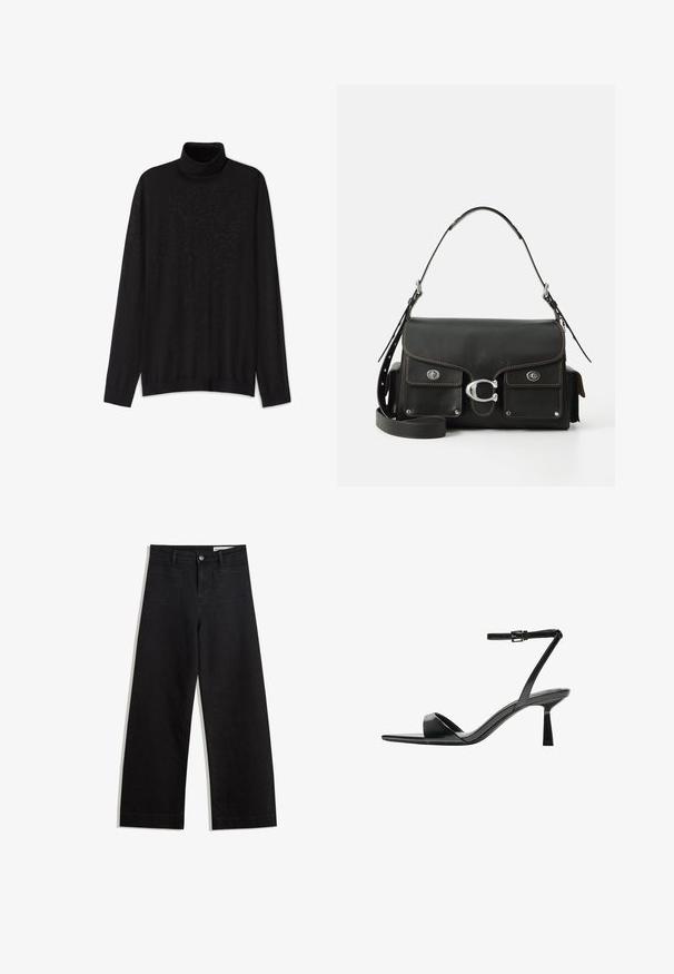 Czarny sweter z golfem wykonany z lekkiej dzianiny. Posiada długie rękawy, wysoki kołnierz oraz luźny krój z prążkowanym wykończeniem.; Czarne dżinsowe spodnie o szerokich nogawkach i wysokim stanie, z przednimi i tylnymi kieszeniami, przeszyciami oraz zapięciem na guziki. Gładka struktura.; Bershka - Sandały na obcasie; Czarna skórzana torebka na ramię z klapką, srebrnymi detalami, dwiema przednimi kieszeniami, kontrastowym przeszyciem oraz odpinanym paskiem na ramię.