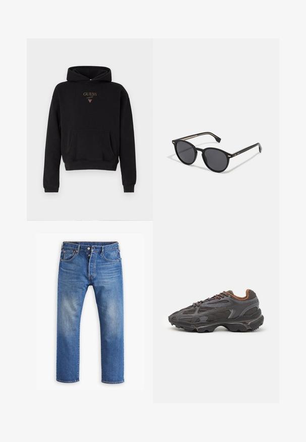 Czarna bluza z kapturem z kieszonką z przodu. Posiada złotą haftowaną nazwę "GUESS" oraz trójkątny logo na klatce piersiowej. Wykonana z bawełny, o casualowym designie.; Niebieskie dżinsy o prostym kroju nogawek, z widocznym wyblaknięciem, zapięcie na guzik i zamek błyskawiczny, pięć kieszeni i pomarańczowe wykończenia.; Sneakers Lacoste w ciemnoszarym kolorze, wykonane z siateczki i materiału syntetycznego, z teksturowaną podeszwą oraz brązowymi akcentami na kołnierzu i logotypie.; BOSS Okulary przeciwsłoneczne
