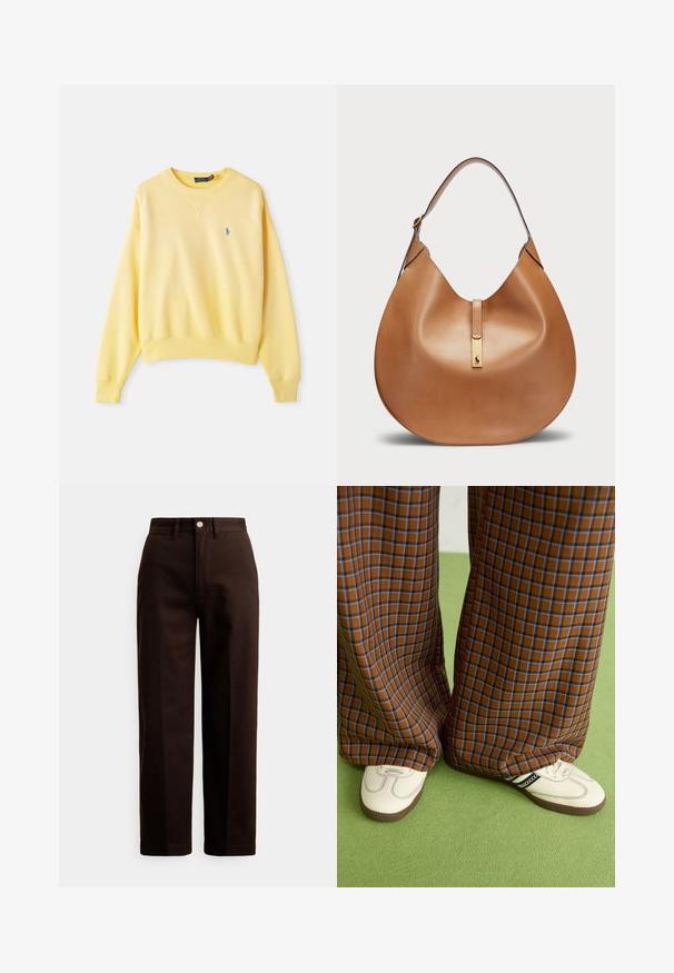 Sweatshirt amarelo feito de algodão, com decote redondo, punhos canelados e um pequeno logo azul no lado esquerdo do peito, textura suave.; Calças castanho-escuro de perna reta com fecho de botão e fecho éclair, passantes para cinto e bolsos frontais contra um fundo branco.; Calças largas em padrão xadrez castanho e azul, combinadas com sapatos brancos com detalhes pretos e solas texturizadas, contra um fundo verde.; Bolsa de couro castanha com uma forma curvada e uma alça larga. Apresenta um detalhe em metal dourado no centro e uma textura suave.