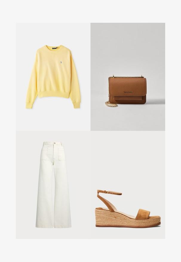 Dzeltena kokvilnas džemperis ar apaļu kaklu, ribotām piedurknēm, un mazu zilu logotipu kreisajā krūtīs, gluda tekstūra.; Platās kājas džinsi off-white denima. Augsta jostasvieta ar pogu aizdari, divas priekšējās kabatas un kontrastējošas šuvju detaļas.; Brūni zamša sūkļu zābaki ar platu pirkstu siksnu, regulējamu potītes siksnu un austo jutu platformu. Līdzena zole ar teksturētu apdari.; Brūna teksturēta ādas plecu soma ar zelta ķēdes siksnu un atloka aizdari. Priekšpusē ir logotipa detaļa un kabata zem atloka.