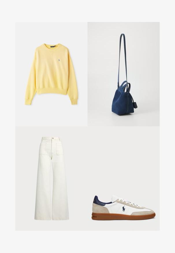 Felpa gialla in cotone, con colletto a girocollo, polsini a coste e un piccolo logo blu sul lato sinistro del petto, texture morbida.; Jeans a gamba larga in denim bianco sporco. Design a vita alta con chiusura a bottone, due tasche frontali e dettagli di cucitura a contrasto.; Sneaker bianche e beige con tomaia in suede e pelle, dettagli blu navy e suola in gomma marrone. Presentano il logo di lato e un design con lacci.; Borsa in suede blu navy con forma strutturata, doppi manici superiori e una lunga tracolla regolabile. Caratterizzata da cuciture a contrasto e un'etichetta laterale.