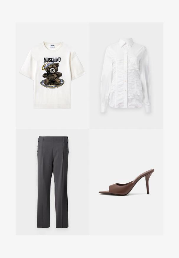 Bílý tričko s krátkým rukávem s grafikou černého medvěda na dekorativním modrém talíři. "Moschino" vytištěno nad designem černou barvou. Měkká tkanina.; Bílá košile na knoflíky s dlouhými rukávy, s řasenou strukturou na přední straně, malými zlatými knoflíky a standardním límcem.; Šedé kalhoty na míru se rovnou nohavicí, předními sklady a dekorativními bočními knoflíky pro dodatečný detail. Hladká textura látky.; Hnědé kožené otevřené lodičky na vysokém podpatku s elegantním designem, které mají široký přední pás a štíhlý jehlový podpatek.