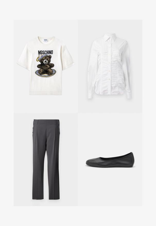 T-shirt blanc à manches courtes avec un graphisme d'ours noir sur une assiette bleue décorative. "Moschino" imprimé au-dessus du design en noir. Tissu doux.; Chemise blanche à manches longues avec un texture froncée sur le devant, petits boutons dorés et col standard.; Pantalons ajustés gris avec une coupe droite, plis à l'avant et boutons décoratifs sur les côtés pour plus de détails. Texture de tissu lisse.; Ballerines en cuir noir avec un bout rond, texture lisse, détails de couture minimalistes et design de semelle flexible.