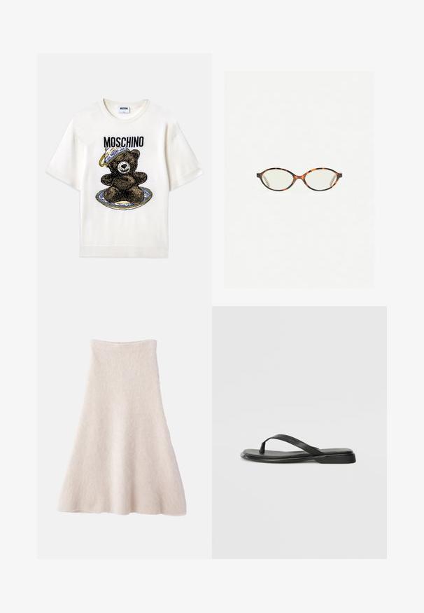 Biała koszulka z krótkim rękawem z grafiką czarnego niedźwiedzia na ozdobnym niebieskim talerzu. "Moschino" nadrukowane nad wzorem na czarno. Miękka tkanina.; Jasno beżowa spódnica w kształcie litery A, wykonana z miękkiego, teksturowanego materiału, z gładkim pasem w talii i lejącą sylwetką.; Czarne klapki wykonane z gładkiej skóry, z cienkim paskiem i płaską podeszwą o minimalistycznym profilu. Brak widocznych wzorów lub akcentów.; Okulary w kolorze tortoiseshell z owalnymi soczewkami i gładkim, eleganckim wykończeniem. Posiadają cienkie boki z delikatnym łukiem w okolicy skroni. Przezroczyste soczewki.; Woven straw shoulder bag in a curved shape, with a dark leather strap and a textured surface featuring a chevron pattern.
