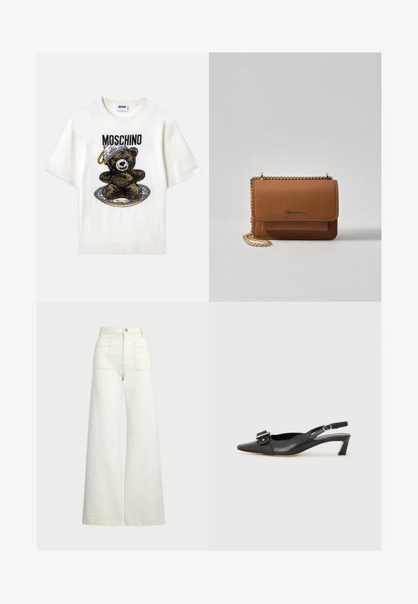 T-shirt blanc à manches courtes avec un graphisme d'ours noir sur une assiette bleue décorative. "Moschino" imprimé au-dessus du design en noir. Tissu doux.; Jeans large en denim écru. Design taille haute avec une fermeture à bouton, deux poches avant et des détails de surpiqûres contrastantes.; Chaussure slingback en cuir noir avec un bout pointu, un petit talon et un détail de boucle décoratif sur le dessus. Texture lisse, design minimaliste.; Sac en cuir texturé marron en bandoulière avec une sangle en chaîne dorée et une fermeture à rabat. L'avant présente un détail de logo et une poche sous le rabat.