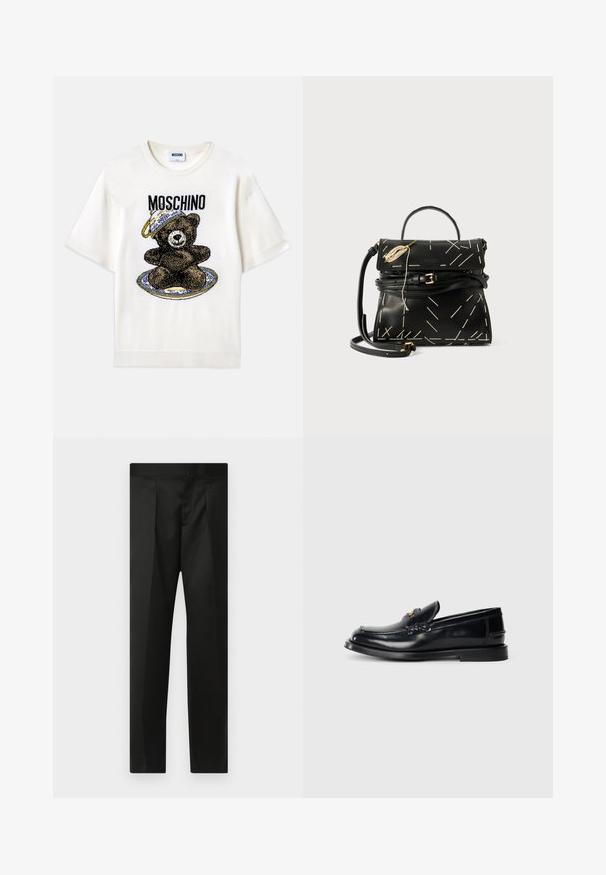 Valge lühikeste varrukatega T-särk, millel on musta karu graafika dekoratiivsel sinisel taldrikul. "Moschino" on musta värviga disaini kohal. Pehme kangas.; Mustad püksid, millel on sile kangas, täpselt valmistatud disain, sirged sääred ja lame vöökoht, ilma nähtavate kinnituste või taskuteta.; Mustast nahast loafer, millel on õmmeldud muster, väike esiflap ja lame kummist tald. Sujuv tekstuur kuldse viimistlusega.; Must musta nahk käekott geomeetrilise valge õmblusega, ülemise käepideme ja eemaldatava õlavarre rihmaga. Sisaldab kuldseid detaile ja lukuga sulgemist.
