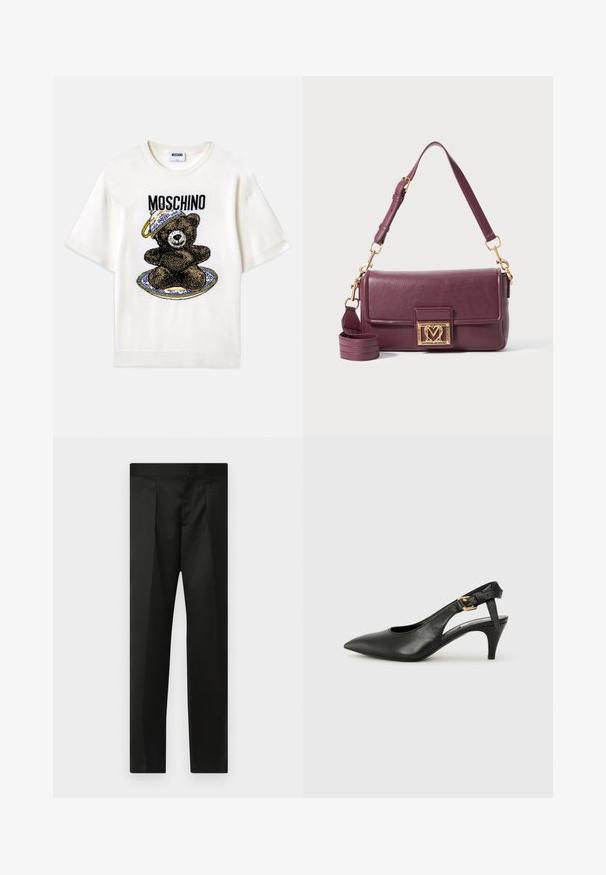 T-shirt blanc à manches courtes avec un graphisme d'ours noir sur une assiette bleue décorative. "Moschino" imprimé au-dessus du design en noir. Tissu doux.; Pantalon noir en tissu lisse, au design ajusté, jambes droites et ceinture plate sans fermetures ni poches visibles.; Chaussure à talon slingback en cuir noir avec un bout pointu, un petit talon et un détail de boucle sur la bride de cheville. Texture lisse, design minimaliste.; Sac à épaule en cuir violet foncé avec un fermoir en forme de cœur doré et une bandoulière supérieure ajustable sur fond blanc.