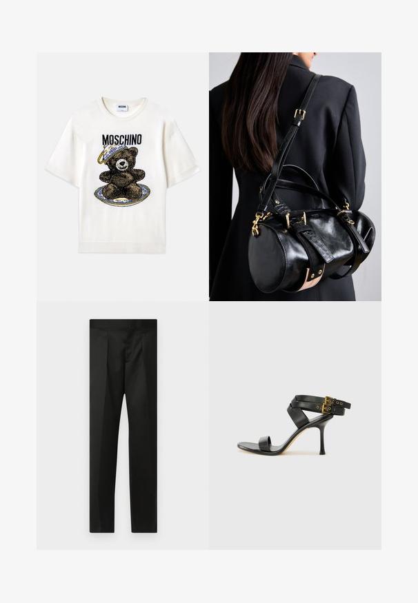 Biele tričko s krátkym rukávom so zobrazením čierneho medveďa na dekoratívnej modrej doske. Nápis "Moschino" vytlačený nad dizajnom v čiernej farbe. Mäkkučký materiál.; Čierne nohavice s hladkým materiálom, strihom na mieru, rovnými nohavicami a plochým pásom bez viditeľných zapínaní alebo vreciek.; Čierne sandále na podpätku s prekríženými popruhmi a nastaviteľnou prackou. Majú hladkú textúru a zúžený stiletto podpätok.; Čierna kožená kabelka s zaobleným tvarom, so zlatými kovovými doplnkami a nastaviteľnými popruhmi. Prvky štruktúrovanej čiernej kože a béžové detaily.
