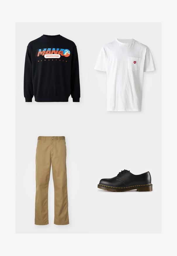 Black sweatshirt with blue and orange "MANASTASH SPORTSWEAR" logo and a stylized running figure on the chest.; White cotton t-shirt with a round neckline and short sleeves. Features a small red heart logo on the left chest pocket.; Khaki chinos with a straight leg design, made of smooth cotton fabric. Features a front button closure and side pockets.; Black leather shoe with rounded toe, lace-up design, yellow stitching along the sole, and a chunky, textured rubber outsole.
