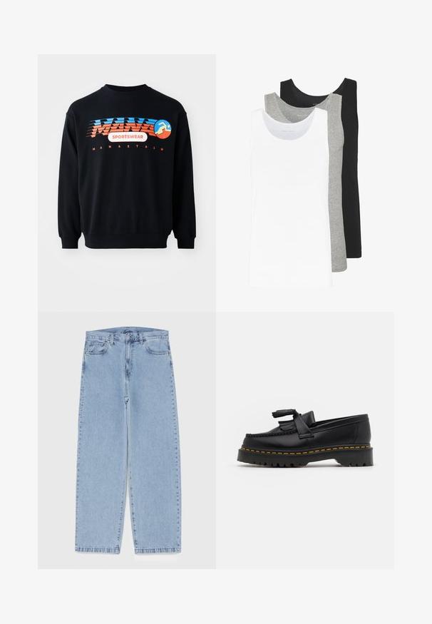 Hanorac negru cu logo-ul "MANASTASH SPORTSWEAR" în culorile albastru și portocaliu și o figură stilizată de alergător pe piept.; Trei cămăși fără mâneci în alb, gri și negru. Fiecare are un design clasic fără mâneci, fiind realizată dintr-un material din bumbac ușor, cu o textură ribbed.; Jeans din denim de culoare albastru deschis, cu un design cu picioare drepte, având talie medie, cinci buzunare și un sistem de închidere cu nasture și fermoar.; Mocasini din piele neagră cu un accent ciufulit, având o talpă groasă neagră și cusături galbene pe margine. Finisaj texturat.