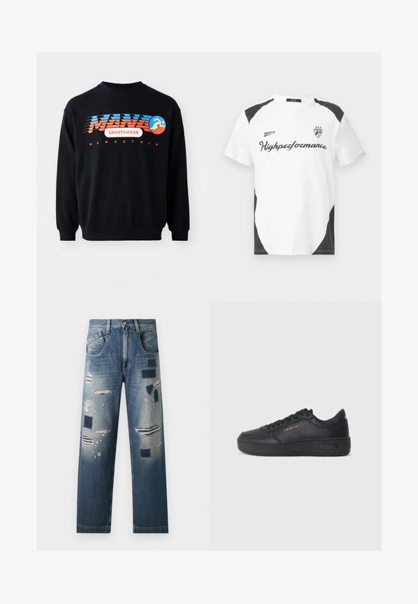 Black sweatshirt with blue and orange "MANASTASH SPORTSWEAR" logo and a stylized running figure on the chest.; White short-sleeve t-shirt with black accents. Features "REPLAY FC" logo and "Highpeformance" text in a sporty font. Made from a smooth material.; Denim jeans with distressed patches and varying shades of blue, featuring a straight-leg cut and traditional five-pocket design.; Replay EPIC HIGH - Trainers - black