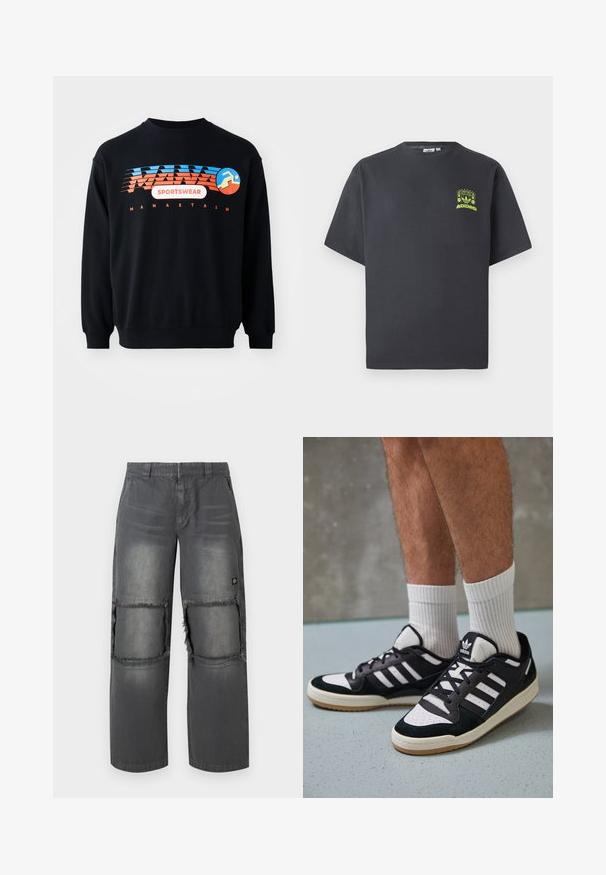 Sudadera negra con el logo en azul y naranja de "MANASTASH SPORTSWEAR" y una figura estilizada corriendo en el pecho.; Camiseta de Adidas en gris carbón con mangas cortas y un pequeño gráfico en neón verde de altavoces, sol y el logo de Adidas en el lado izquierdo del pecho.; Pantalones de mezclilla gris de corte relajado, con parches desgastados en las rodillas, costuras en contraste y un pequeño logo en el costado.; Zapatillas en blanco y negro con parte superior de ante y cuero, que presentan tres franjas blancas, una puntera perforada y una suela de goma.