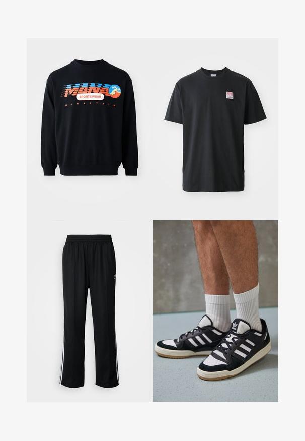 Black sweatshirt with blue and orange "MANASTASH SPORTSWEAR" logo and a stylized running figure on the chest.; Black cotton t-shirt with a crew neck, short sleeves, and a small colored label on the left chest featuring the word "SUPERIOR."; Black athletic pants with an elastic waistband, featuring white side stripes and a small logo. Material appears soft and lightweight.; Black and white sneakers with a suede and leather upper, featuring three white stripes, a perforated toe, and a gum rubber sole.