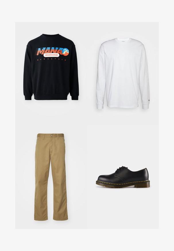 Crna dukserica s plavim i narančastim logotipom "MANASTASH SPORTSWEAR" i stiliziranom figuricom trkača na prsima.; Bijela dugopruga majica s dugim rukavima od pamuka. Dizajn s okruglim izrezom, rebrastim manžetama i malim logotipom na lijevom rukavu. Glatka tekstura.; Kaki chinos s ravnim krojem, napravljeni od glatke pamučne tkanine. Imaju prednje kopčanje na dugme i bočne džepove.; Crna kožna cipela s zaobljenim prstom, dizajnom na vezivanje, žutim šavovima duž pete i debelim, teksturiranim gumiranim đonom.