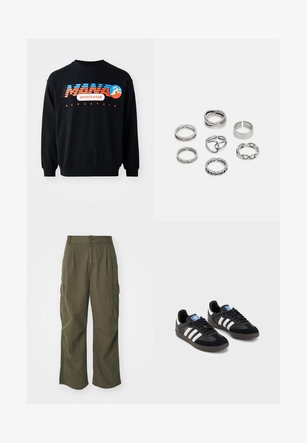Czarna bluza z niebieskim i pomarańczowym logo "MANASTASH SPORTSWEAR" oraz stylizowaną postacią biegacza na piersi.; Spodnie cargo w oliwkowym kolorze, wykonane z bawełny, z szeroką nogawką, plisami i bocznymi kieszeniami dla większej funkcjonalności.; Czarne sneakersy z zamszową i syntetyczną cholewką, wyposażone w trzy białe paski, teksturowaną gumową podeszwę oraz niebieską metkę z logo na języku.; Zestaw siedmiu srebrnych pierścionków o różnych wzorach, w tym skręconych, połączonych i grawerowanych. Różne kształty i szerokości.