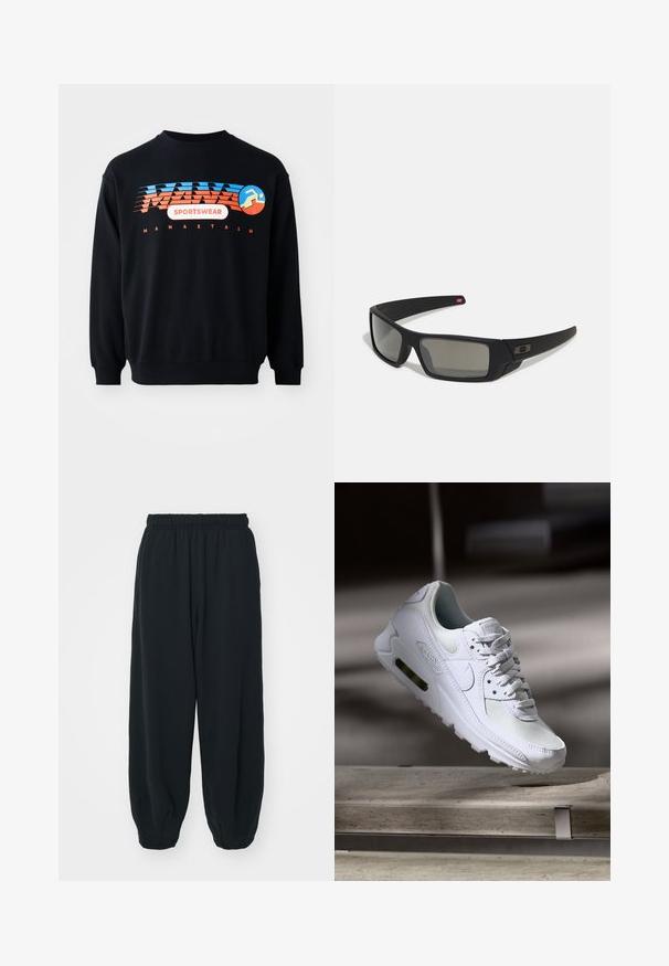 Must mustreid sinine ja oranž "MANASTASH SPORTSWEAR" logo koos stiliseeritud jooksja figuuriga rinnal.; Mustade elastse vöökoha ja laia lõikega dressipüksid, mansetiga sääred, sile tekstuur ning ilma nähtavate mustrite või detailideta.; Valged Nike Air Max 90 sneakers, millel on võrkkangast ja nahast ülemine osa, aukudega varbadosa ning nähtav õhuüksus kandades.; Mustad mustaga viimistlusega prillid, ristkülikukujulised läätsed, templite kerge kõverus, diskreetne logo detail ja suitsutatud läätsed.