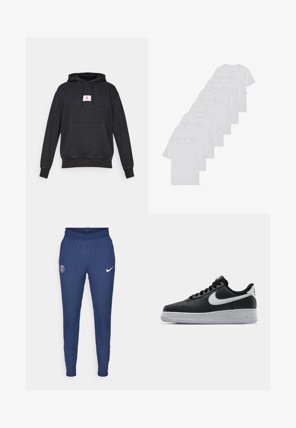 Schwarzer Kapuzenpullover mit Fronttasche und rotem Jumpman-Logo auf einem weißen Patch, mittig auf der Brust, vor einem weißen Hintergrund präsentiert.; Weiße Baumwoll-T-Shirts, kurze Ärmel, Rundhals-Design, schlichte Textur, in einer Reihe gestapelt, mit dezentem Branding am Hals.; Marinefarbene Sporthosen aus strukturiertem Stoff mit einem Paris-Logo am linken Oberschenkel und einem weißen Nike-Swoosh am rechten Beinum.; Schwarze Ledersneaker mit strukturierten Oberflächen, weißem Nike-Swoosh, grauer Sohle, runder Zehenpartie und Schnürdesign. Verfügt über Perforationen an der Zehenbox.