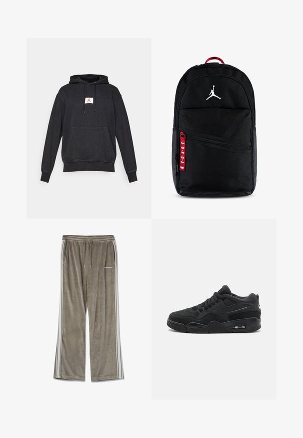 Felpa nera con cappuccio, dotata di tasca frontale e logo Jumpman rosso su una toppa bianca centrata sul petto, esposta su uno sfondo bianco.; Pantaloni felpati in corduroy marrone chiaro, con vestibilità relaxed, strisce laterali bianche e vita elasticizzata con cordoncino regolabile.; Jordan AIR JORDAN 4 UNISEX - Sneakers basse - black/white; Zaino nero in nylon, con logo Jumpman bianco, multiple tasche con zip e un tirante rosso con la scritta "JORDAN".; Jordan JUMPMAN DUFFLE UNISEX - Borsa per lo sport - black/white