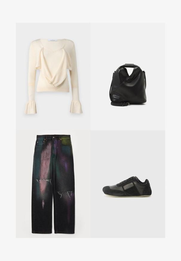 Creme sweater med dyb V-hals, draperet frontdesign og lange ærmer med klokkeærmer. Blød tekstur og knapdetalje foran.; MM6 Maison Margiela PANTS 5 POCKETS - Jeans Relaxed Fit - black; Sort træningssko med nubuck og lædermaterialer. Har en rund tå, snørelukning, teksturerede detaljer og en fleksibel sål.; Sort, blødt lædertaske med et unikt snoet design. Har et kort håndtag og en aftagelig skulderrem. Minimalistisk stil.