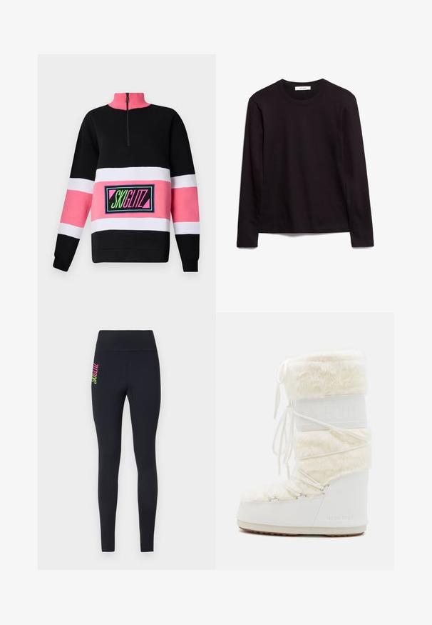 Krāsaini bloku krekli ar pusi-iezips apakšā; sastāv no melnām, rozām un baltām daļām; izšūts "SKIGLITZ" logo spilgtās krāsās.; Melnas garām piedurknēm T-krekls ar apaļu kakla izgriezumu, izgatavots no teksturēta auduma, ar taisnu apakšmalu un izšūti akcenti uz apkakles un pleciem.; Melni legingi, izgatavoti no elastīga materiāla, ar augstu jostasvietu un krāsainu vertikālu apzīmējumu kreisajā gurnā rozā un zaļā krāsā.; Balti mēness zābaki ar mākslīgo kažoku augšdaļā, auklu priekšpusē un gumijas zoli. Strukturēta apdare un ieembosēts logo sānos. Masīva, polsterēta konstrukcija.